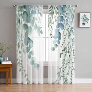 Eucalyptus Leaves Sheer Curtains 2 Panels 84"x52" Sage Green Voile Drapes
